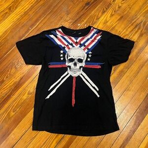 Y2K 2000s akademiks striped union jack skull graphic t-shirt size L